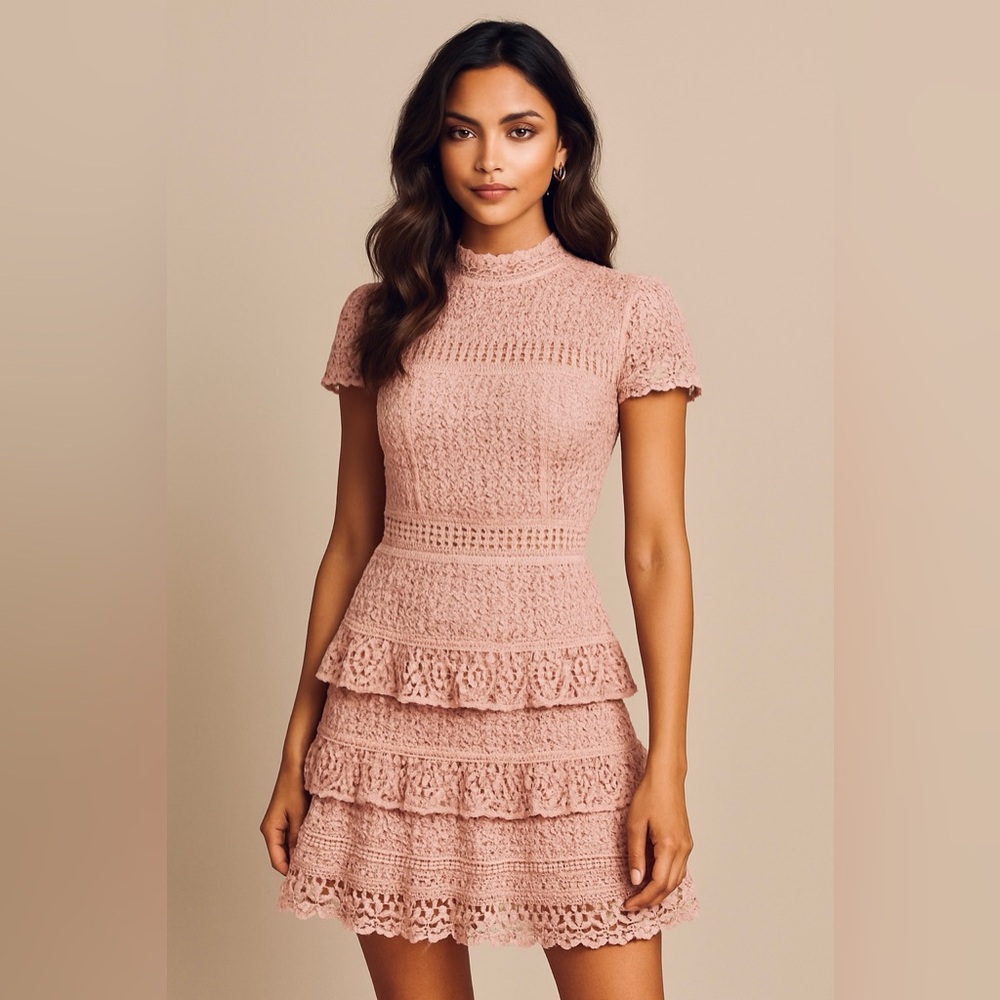 Romeo and Juliet Couture Mauve Pink Lace Ruffle Short Sleeve Dress Size M